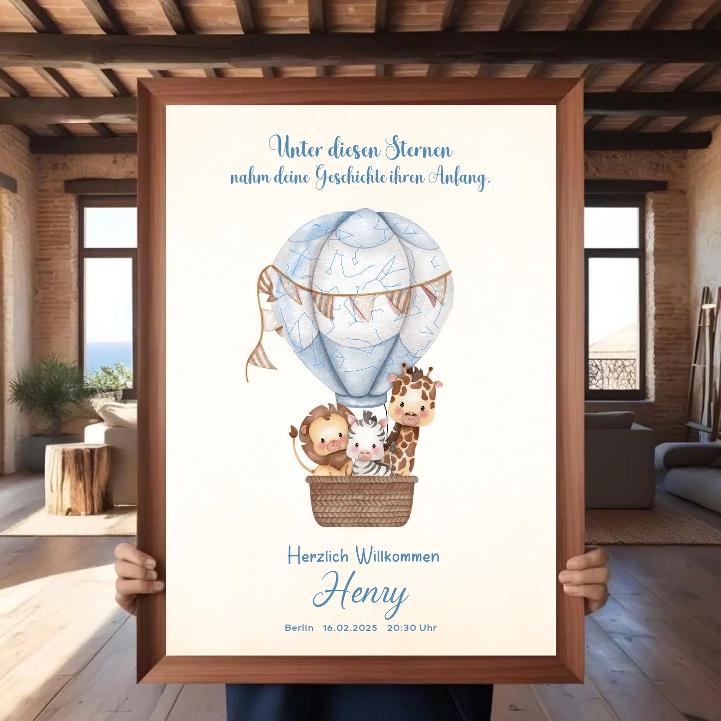 Personalisiertes Sternenbild mit Safari Tiere im Heißluftballon auf beige - Motiv Druck mit Premium Semi-Glossy Poster - halbglänzend auf nachhaltigem Papier halbglänzend