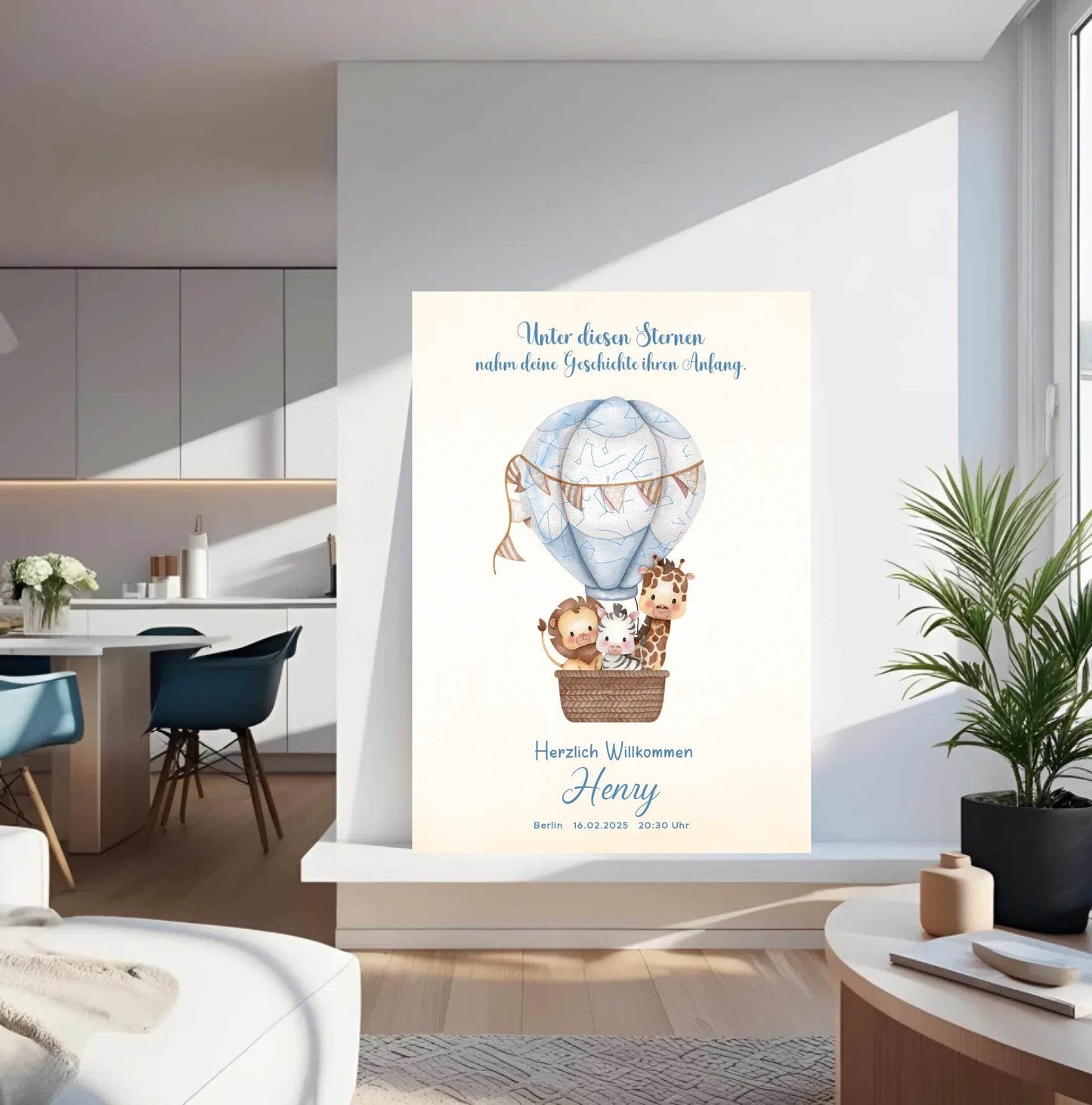 happy-prints.eu - Personalisiertes Sternenbild mit Safari Tiere im Heißluftballon auf beige
