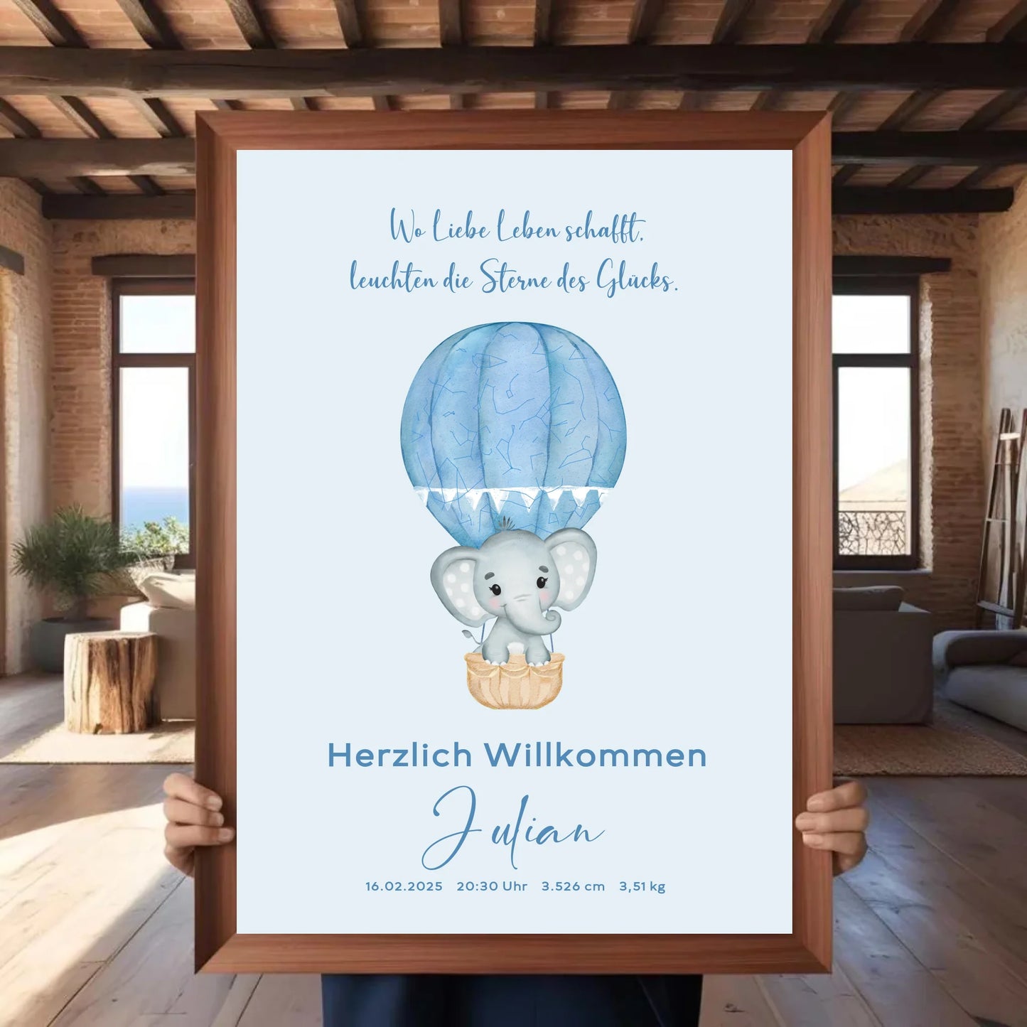 Personalisierte Sternenkarate zur Neugeborene in blau - für Jungen, mit Spruch, Name und Daten zur Geburt - Motiv Druck mit Premium Semi-Glossy Poster - halbglänzend auf nachhaltigem Papier halbglänzend