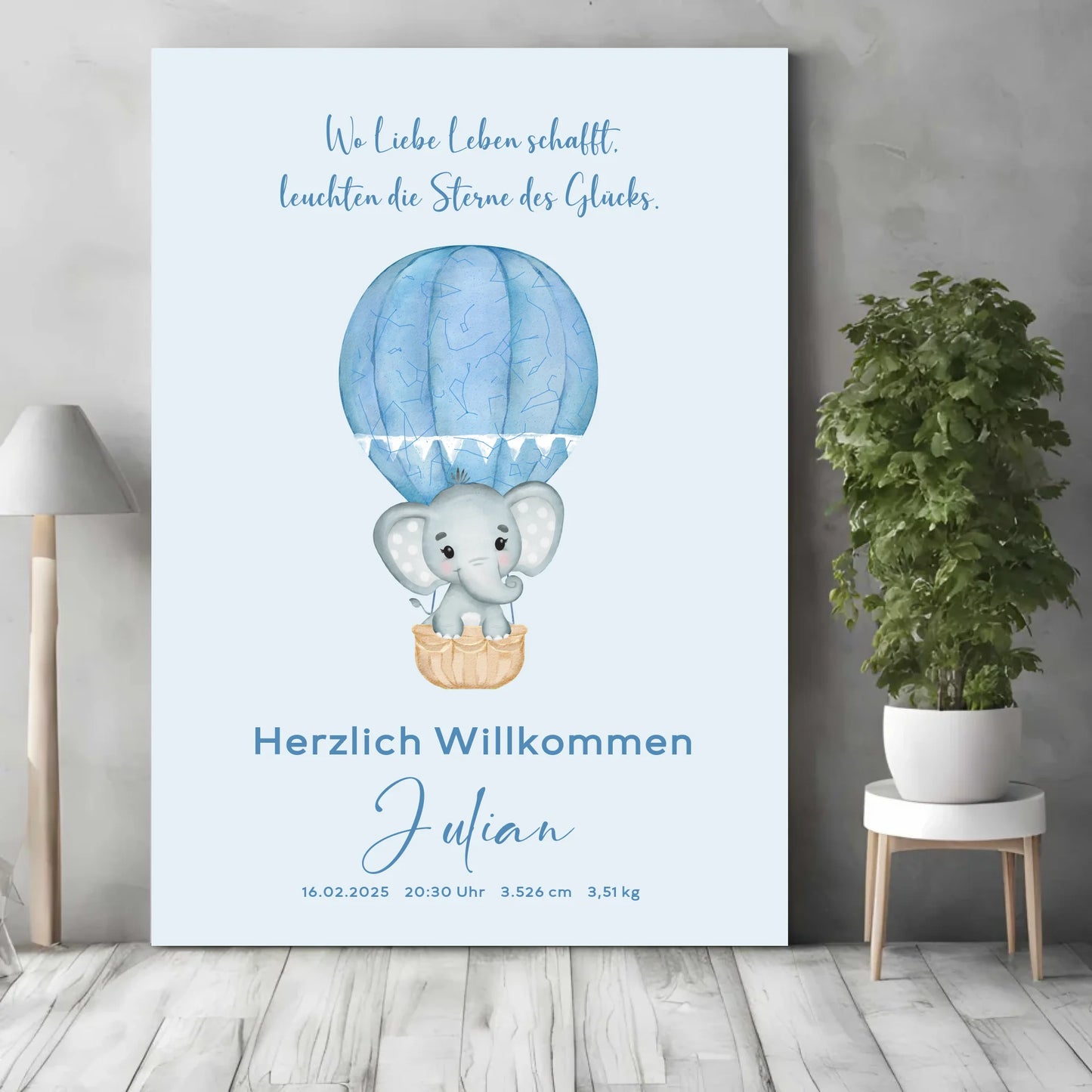 Personalisierte Sternenkarate zur Neugeborene in blau - für Jungen, mit Spruch, Name und Daten zur Geburt - Personalisierte Karte als digitale Datei PDF Druckerpapier