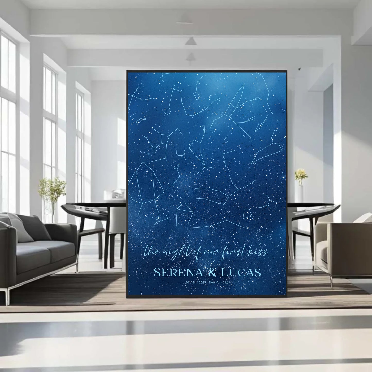 Personalisierte Sternenkarte mit allover Sternenbild in den tollen Farben blau, weiß und navy - Motiv Druck mit Premium Semi-Glossy Poster - halbglänzend auf nachhaltigem Papier halbglänzend