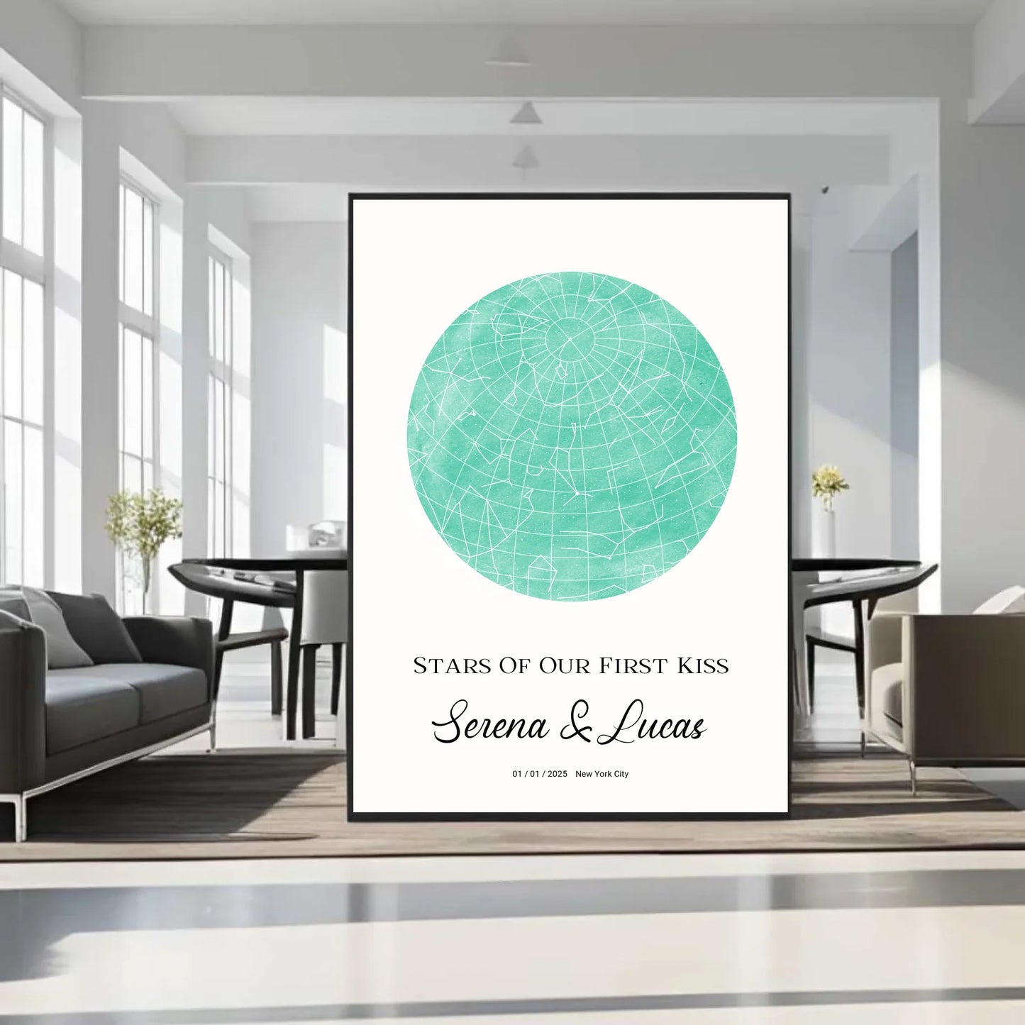 Personalisiertes Sternenbild mit Vollmond in 30 Farben auf hellbeige - als PDF sowie Poster mit und ohne Rahmen - Motiv Druck mit Premium Semi-Glossy Poster - halbglänzend auf nachhaltigem Papier halbglänzend
