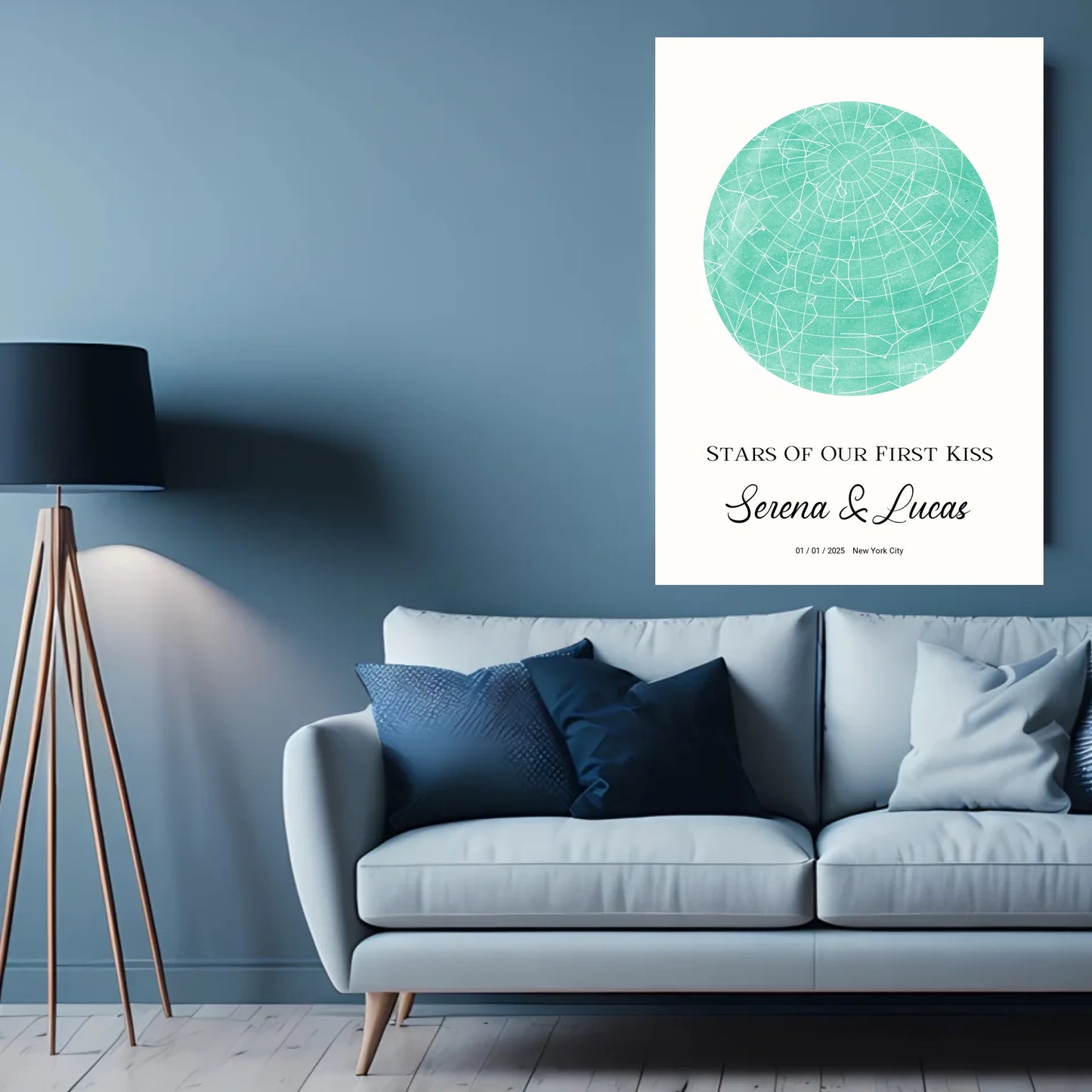 Personalisiertes Sternenbild mit Vollmond in 30 Farben auf hellbeige - als PDF sowie Poster mit und ohne Rahmen - Personalisierte Karte als digitale Datei PDF Druckerpapier