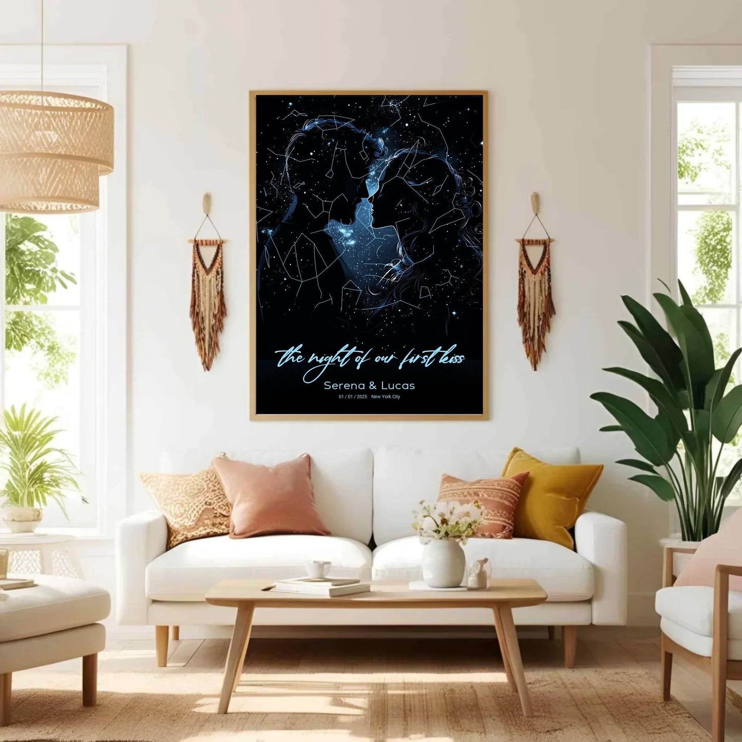 happy-prints.eu - Personalisierte Sternenkarte mit Liebespaar in den tollen Farben blau, weiß und schwarz - the night of our first kiss