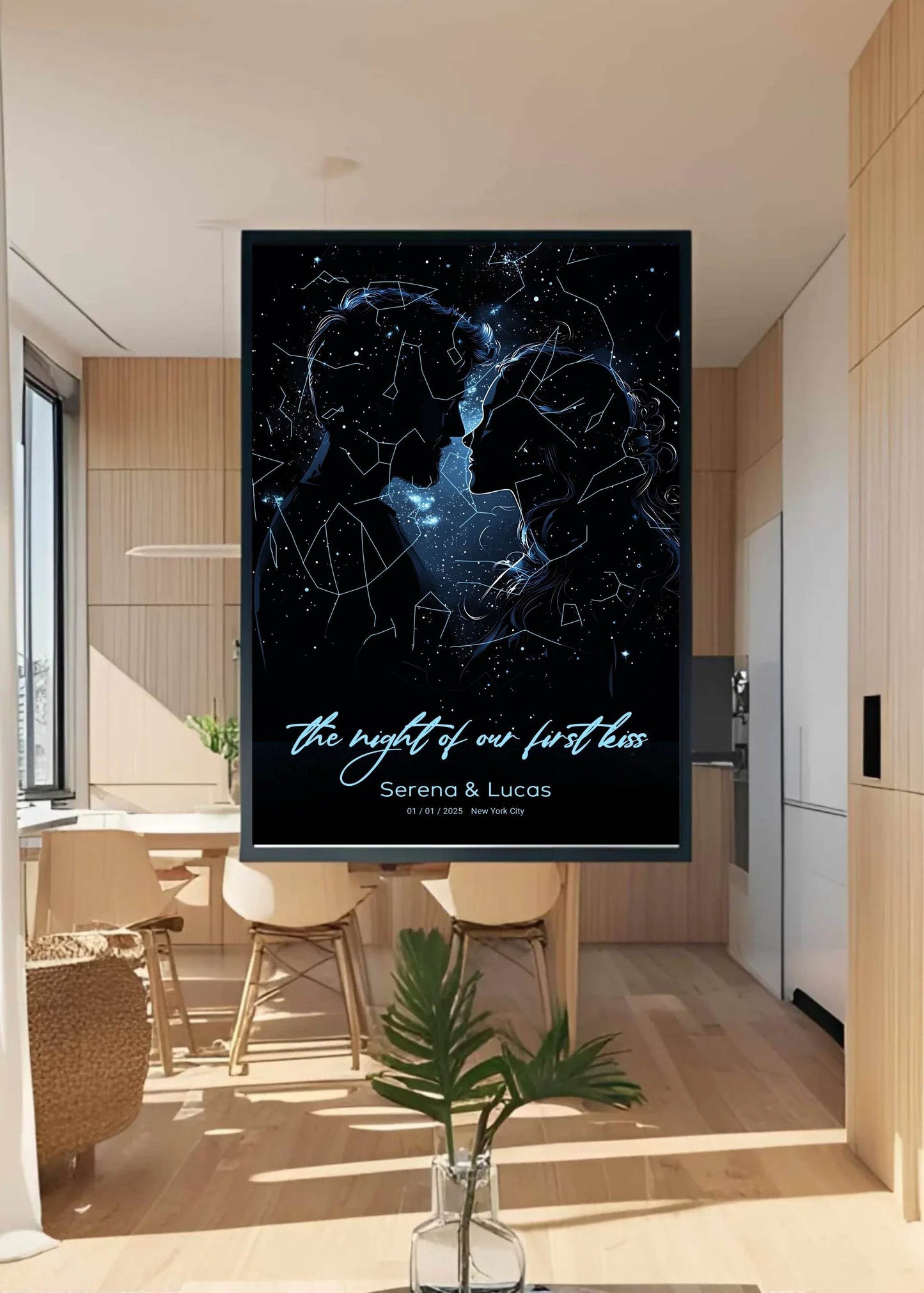 happy-prints.eu - Personalisierte Sternenkarte mit Liebespaar in den tollen Farben blau, weiß und schwarz - the night of our first kiss