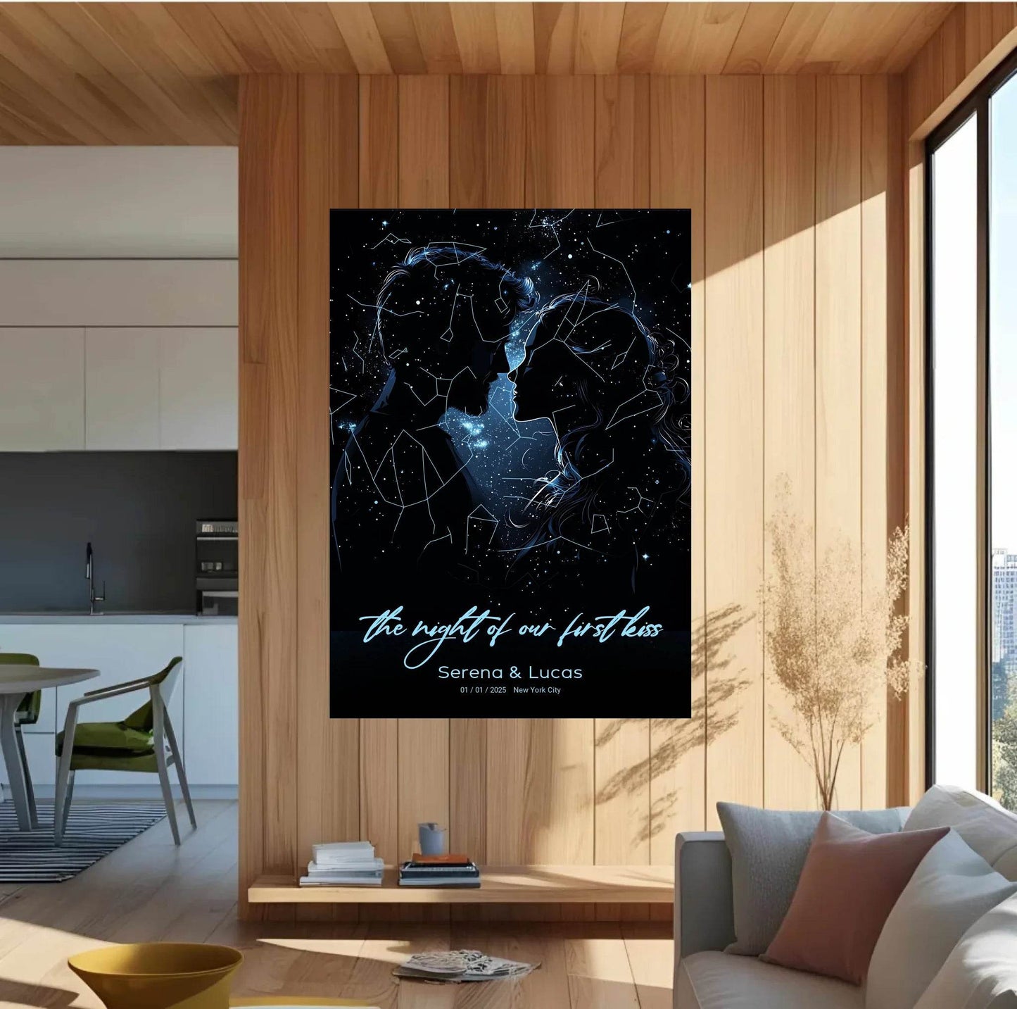 happy-prints.eu - Personalisierte Sternenkarte mit Liebespaar in den tollen Farben blau, weiß und schwarz - the night of our first kiss