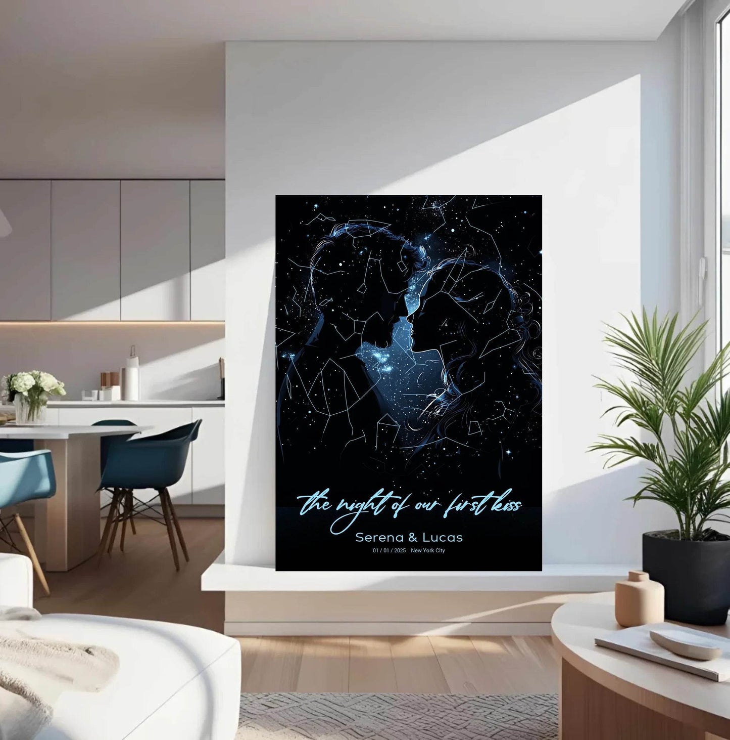 happy-prints.eu - Personalisierte Sternenkarte mit Liebespaar in den tollen Farben blau, weiß und schwarz - the night of our first kiss