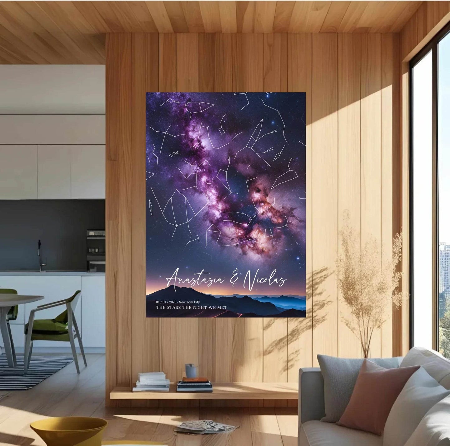 happy-prints.eu - Personalisierte Sternenkarte mit Lichterspektakel am Sternenhimmel mit lila, blau, orange - Abendstimmung im Gebirge
