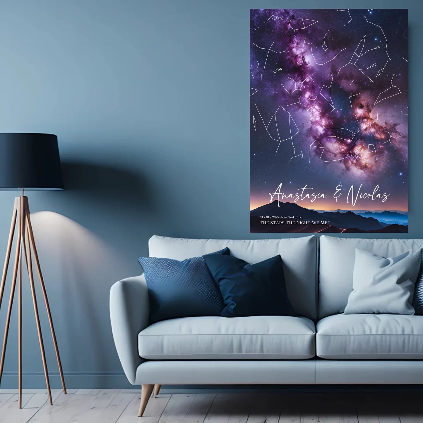 Personalisierte Sternenkarte mit Lichterspektakel am Sternenhimmel mit lila, blau, orange - Abendstimmung im Gebirge - Personalisierte Karte als digitale Datei PDF Druckerpapier