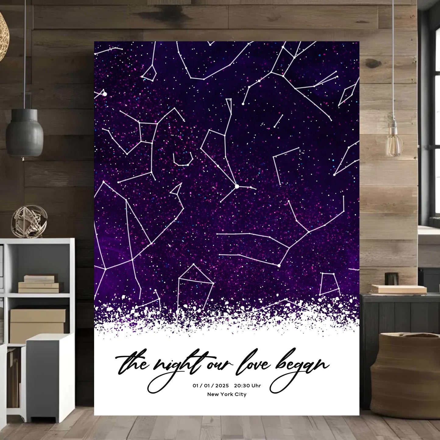 Personalisierte Sternenkarte mit Sternenhimmel in lila und schwarz - allover - Motiv Druck mit Premium Semi-Glossy Poster - halbglänzend auf nachhaltigem Papier halbglänzend