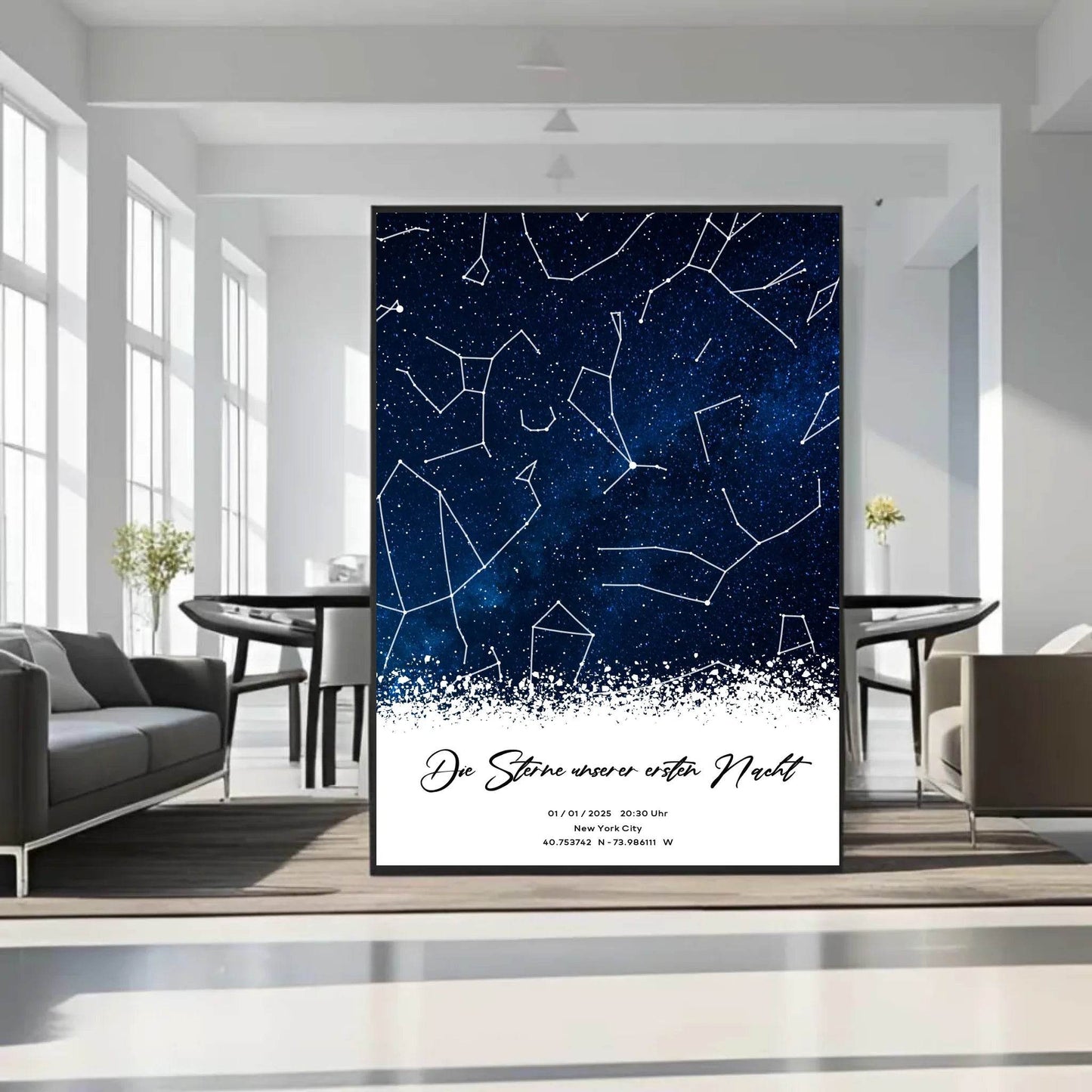 happy-prints.eu - Personalisierte Sternenkarte mit Milchstraße in blau auf navy mit weiß