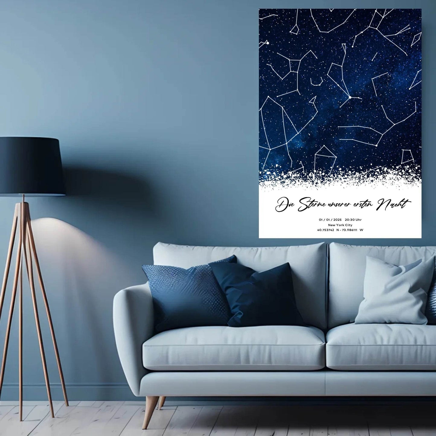 happy-prints.eu - Personalisierte Sternenkarte mit Milchstraße in blau auf navy mit weiß