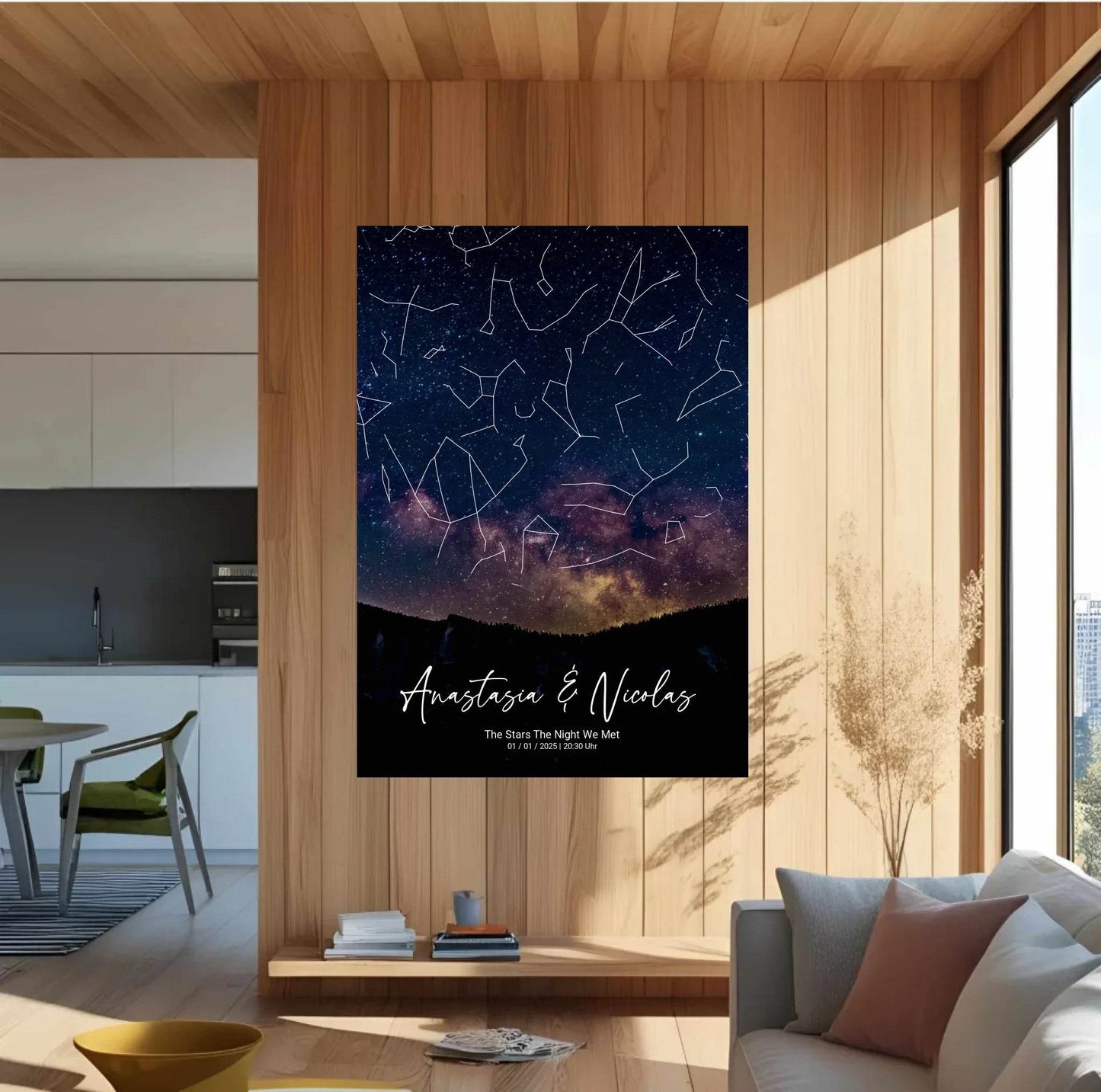 happy-prints.eu - Personalisierte Sternenkarte mit Gebirge bei Nacht mit Name, Spruch, Datum und Uhrzeit auf schwarz - verschiedene Größen für Poster oder mit Rahmen
