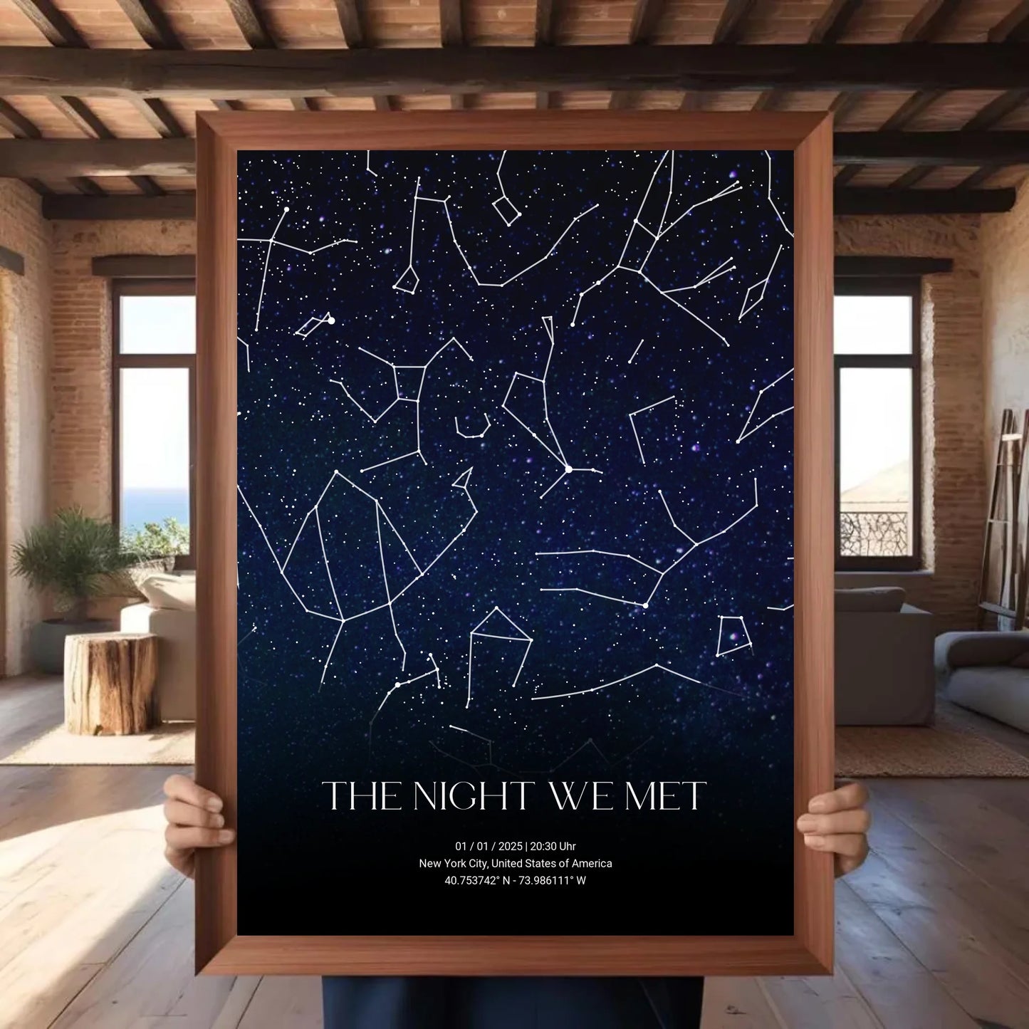 Personalisierte Nacht Sternenkarte mit blau und schwarz - verschiedene Größen für Poster oder mit Rahmen -