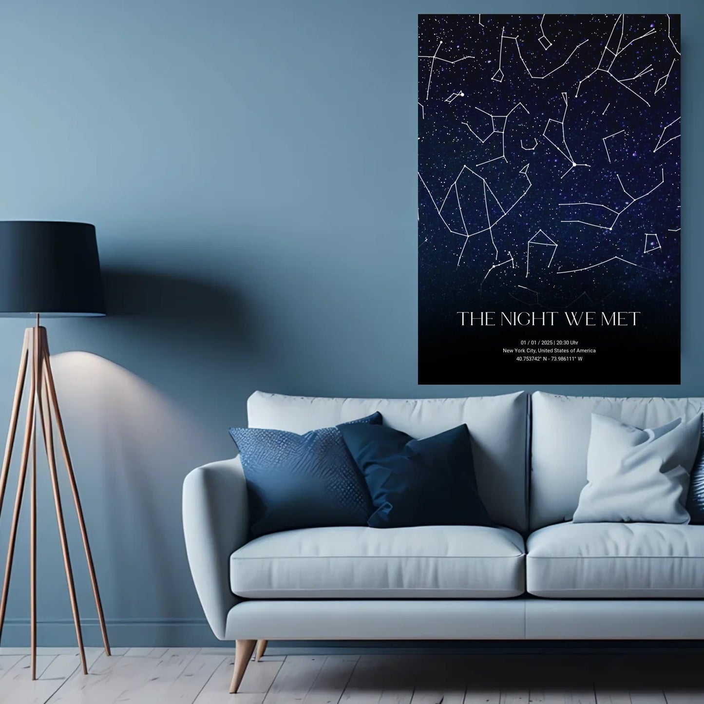 Personalisierte Nacht Sternenkarte mit blau und schwarz - verschiedene Größen für Poster oder mit Rahmen - Personalisierte Karte als digitale Datei PDF Druckerpapier