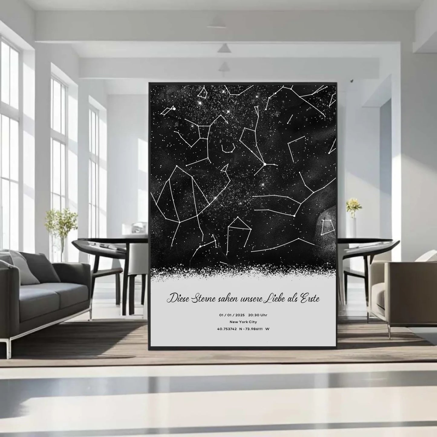 Personalisierte Sternenkarte mit Name, Datum und Ort auf schwarz - verschiedene Größen - als Poster oder mit Rahmen - halbglänzend Motiv Druck mit Premium Semi-Glossy Poster - halbglänzend auf nachhaltigem Papier