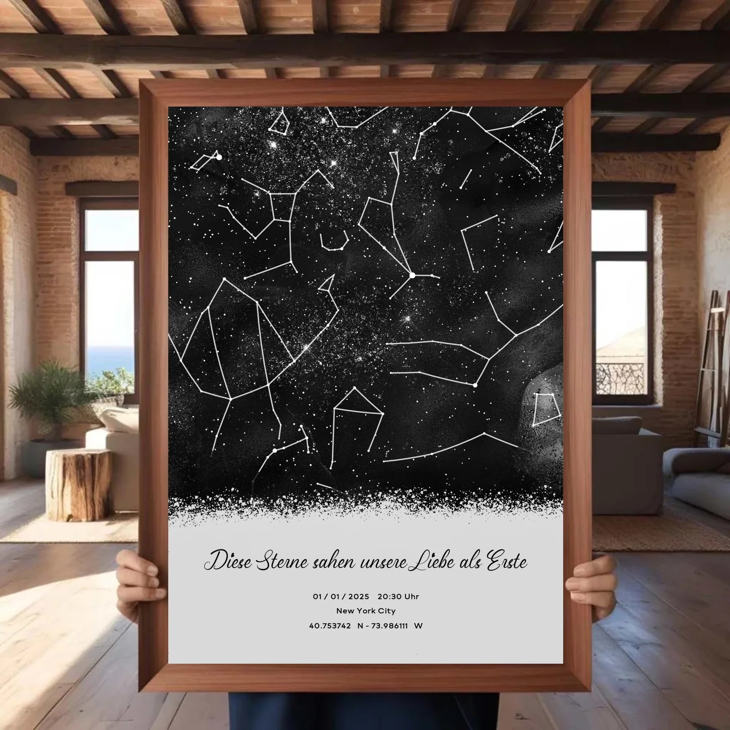 Personalisierte Sternenkarte mit Name, Datum und Ort auf schwarz - verschiedene Größen - als Poster oder mit Rahmen -