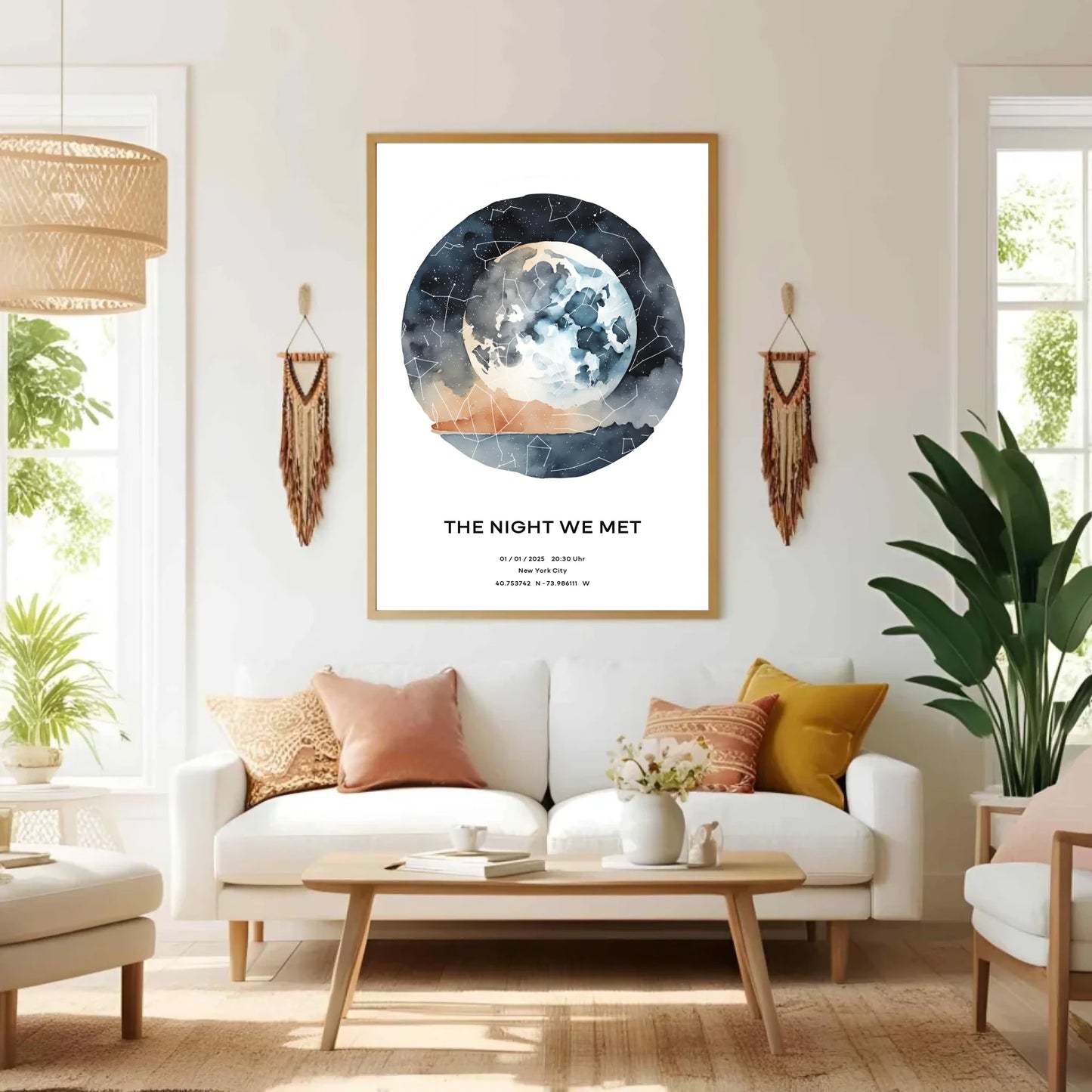 Personalisierte Sternenkarte mit Name, Datum und Ort auf watercolor world - verschiedene Größen - als PDF oder Poster mit oder ohne Rahmen -
