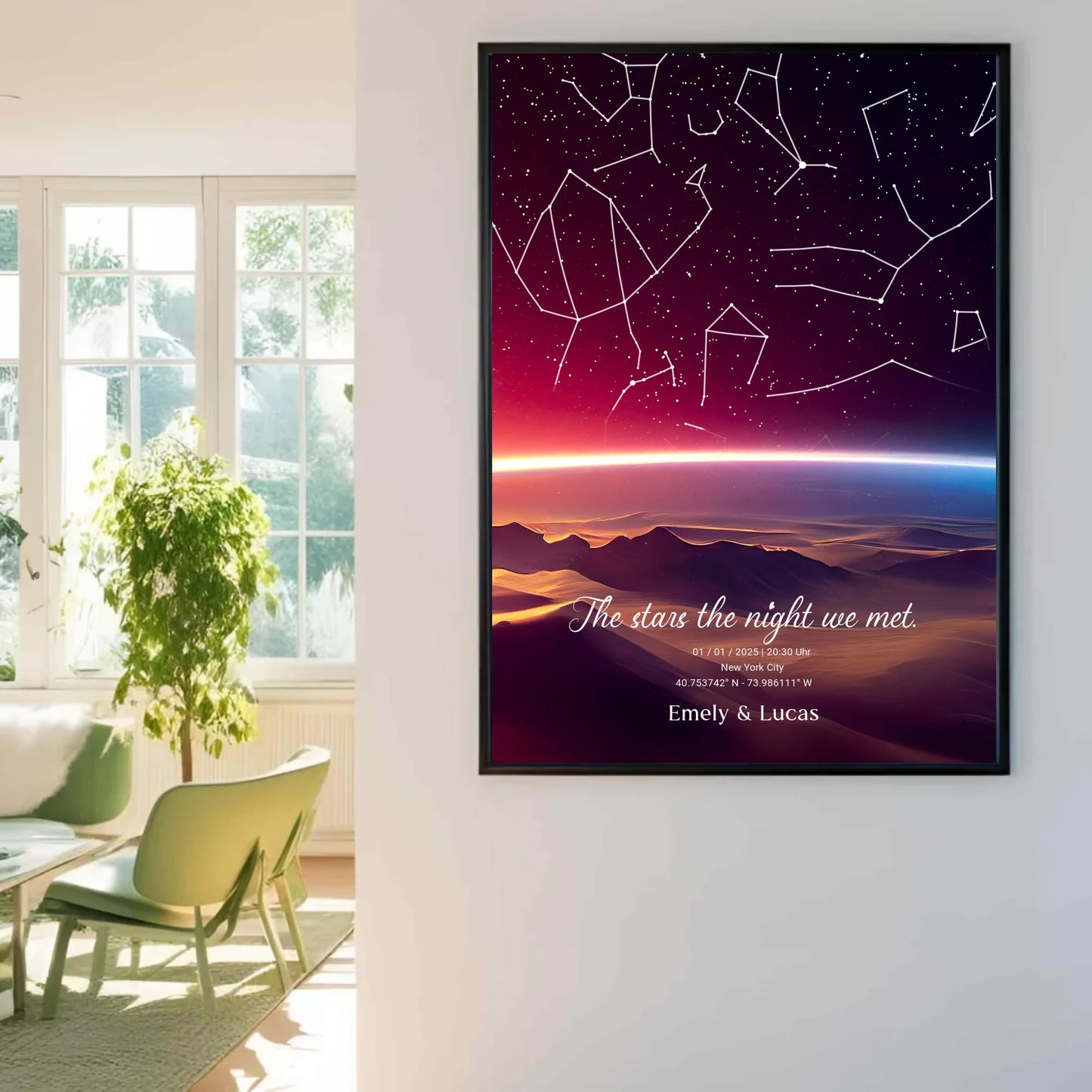 Personalisierte Sternenkarte mit Name, Datum und Ort mit Sonnenstreifen - verschiedene Größen - als Poster oder mit Rahmen -