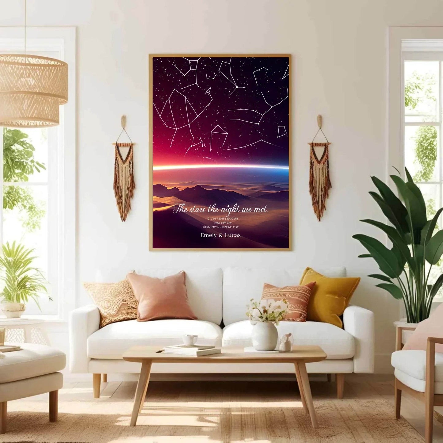 happy-prints.eu - Personalisierte Sternenkarte mit Name, Datum und Ort mit Sonnenstreifen - verschiedene Größen - als Poster oder mit Rahmen