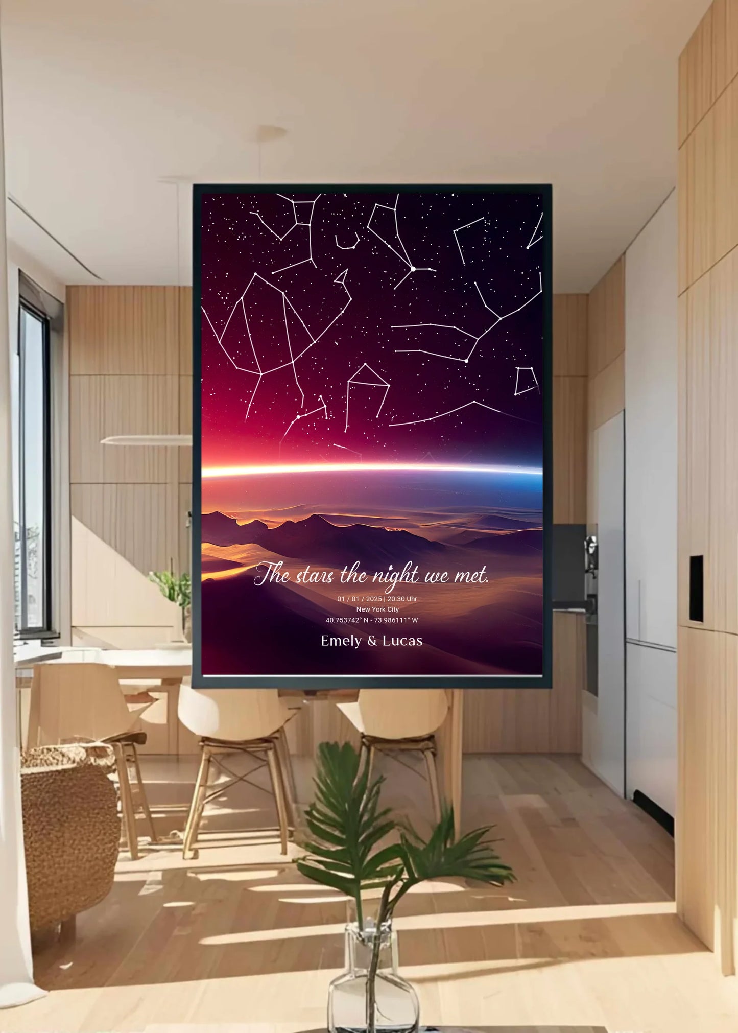 Personalisierte Sternenkarte mit Name, Datum und Ort mit Sonnenstreifen - verschiedene Größen - als Poster oder mit Rahmen -
