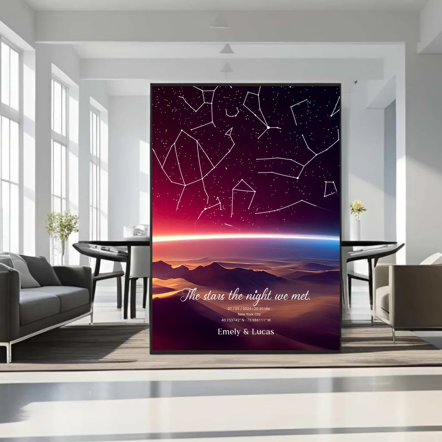 Personalisierte Sternenkarte mit Name, Datum und Ort mit Sonnenstreifen - verschiedene Größen - als Poster oder mit Rahmen - halbglänzend Motiv Druck mit Premium Semi-Glossy Poster - halbglänzend auf nachhaltigem Papier