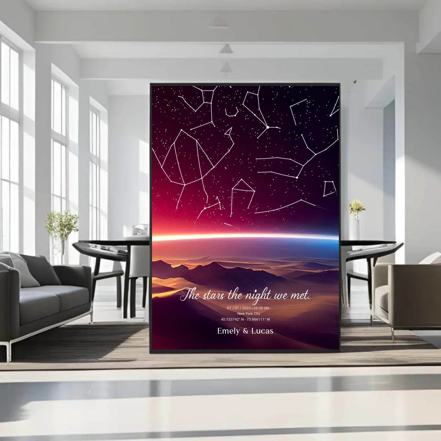 happy-prints.eu - Personalisierte Sternenkarte mit Name, Datum und Ort mit Sonnenstreifen - verschiedene Größen - als Poster oder mit Rahmen