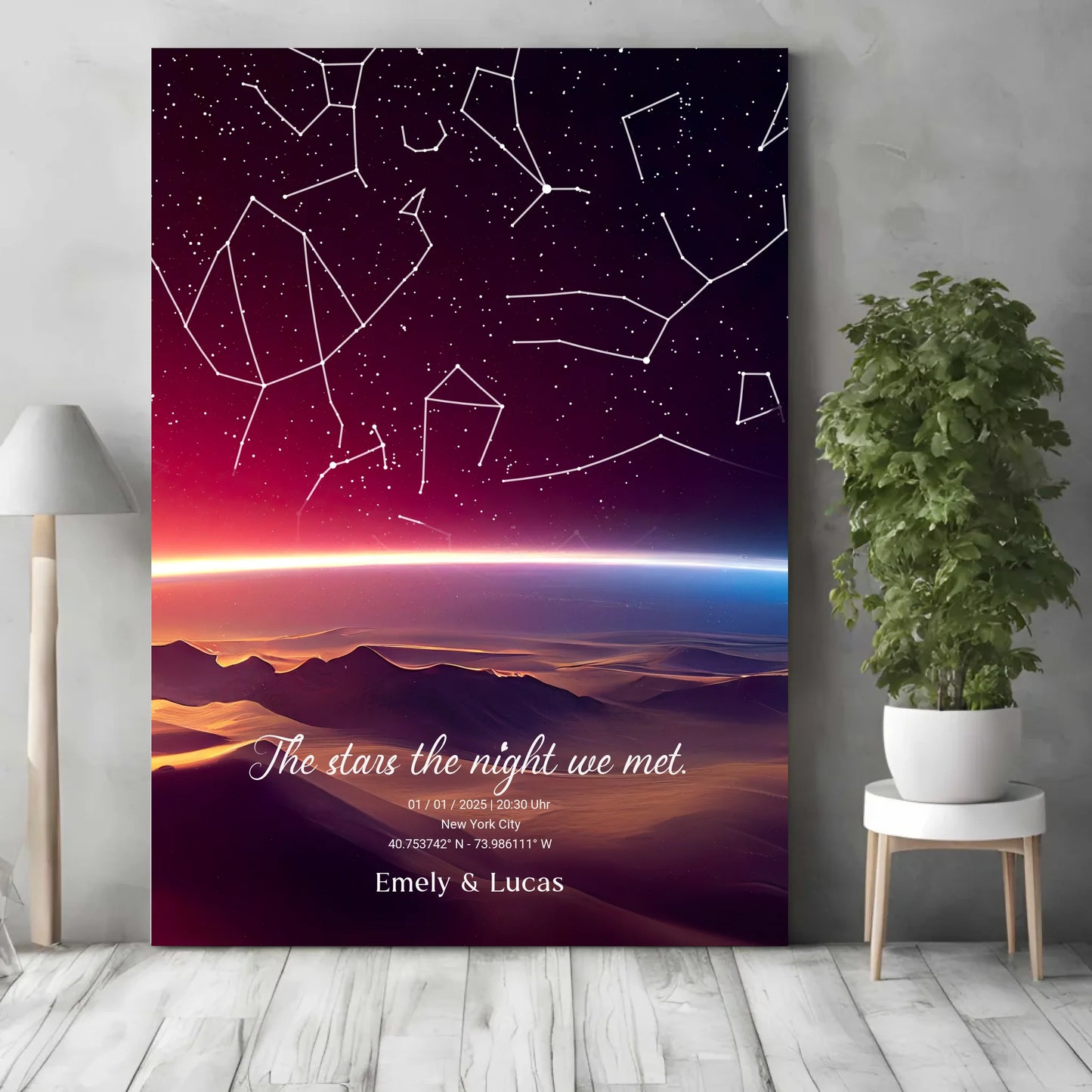 Personalisierte Sternenkarte mit Name, Datum und Ort mit Sonnenstreifen - verschiedene Größen - als Poster oder mit Rahmen -