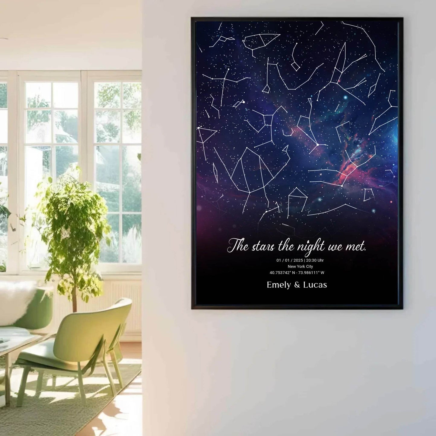 happy-prints.eu - Personalisierte Nacht Sternenkarte mit blau und lila - verschiedene Poster und mit Rahmen