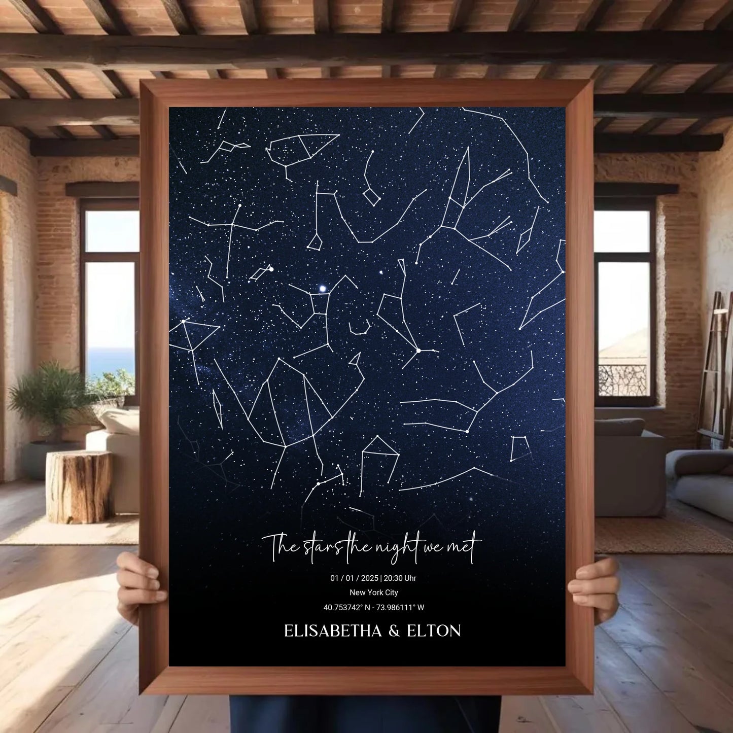 Personalisierte individuelle Sternenkarte mit Name, Datum und Ort - als Poster oder mit Rahmen - halbglänzend Motiv Druck mit Premium Semi-Glossy Poster - halbglänzend auf nachhaltigem Papier
