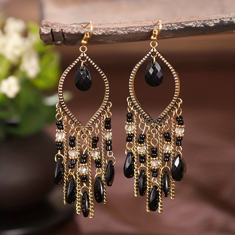 Tropfenförmige Damen Boho Vintage Ohrringe mit Kristallperlen – 9,6cm lang - Eleganz für Alltag & Urlaub