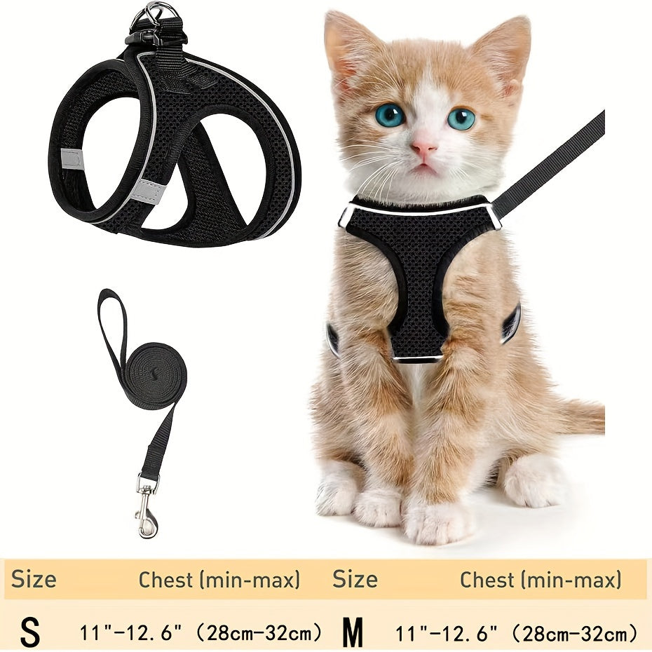 Katzen-Geschirr mit Leine zum Spazierengehen - Reflektierendes, verstellbares Kätzchenwesten-Geschirr - Schwarz