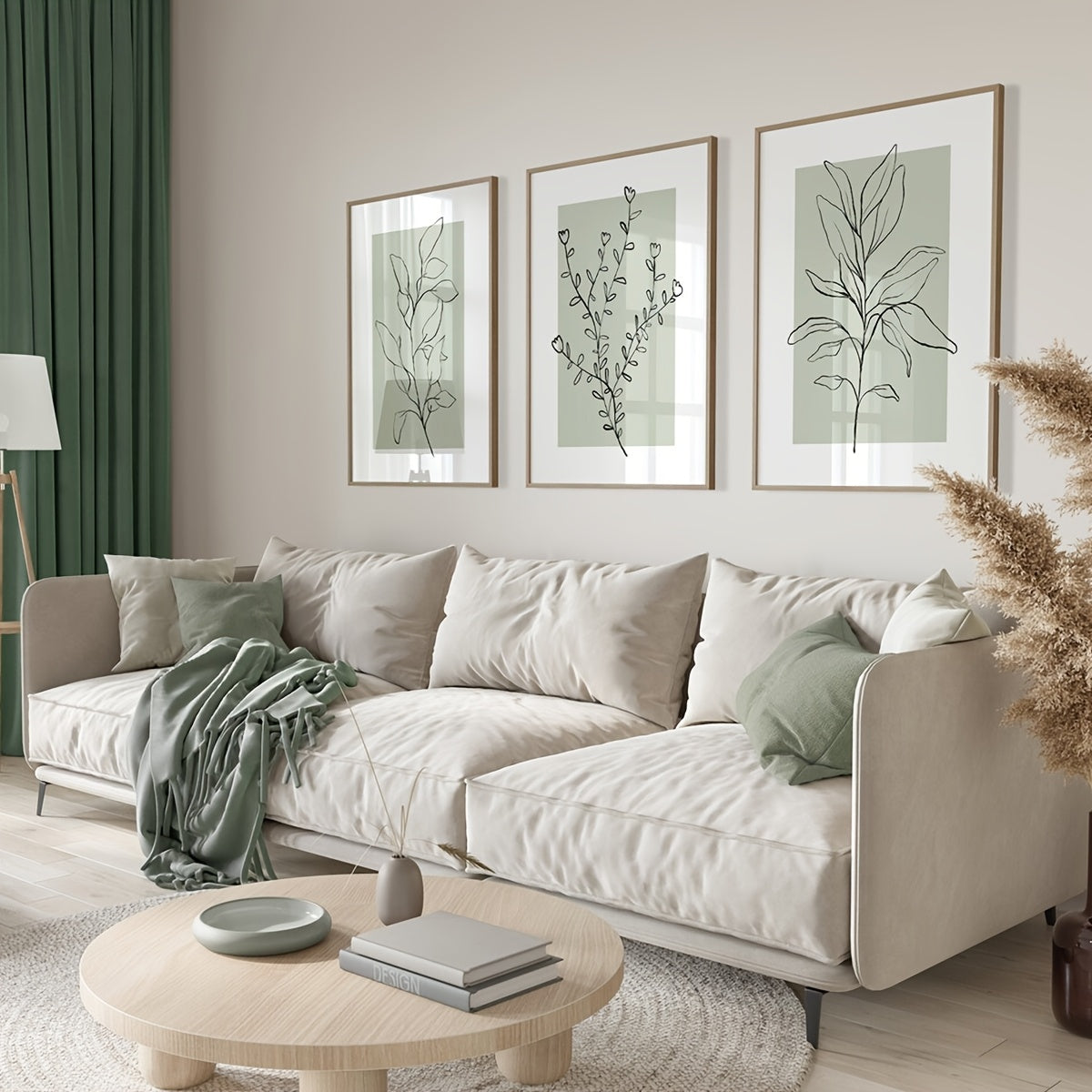 3er-Set Boho Poster mit Blumen auf salbei -Leinwanddruck „Sage Harmony“ – rahmenlose Leinwandkunst mit floralen Linienzeichnungen in Salbeigrün & Weiß