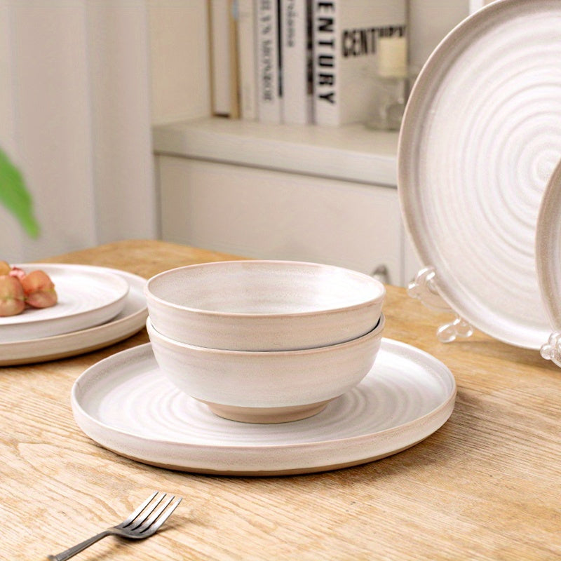 16-teiliges Boho Keramik Geschirr Set - Bohemian Keramik in beige - Boho Style für Deinen Tisch für 4 Personen, sandfarbene Töne für ein tolles mediteranes Essen