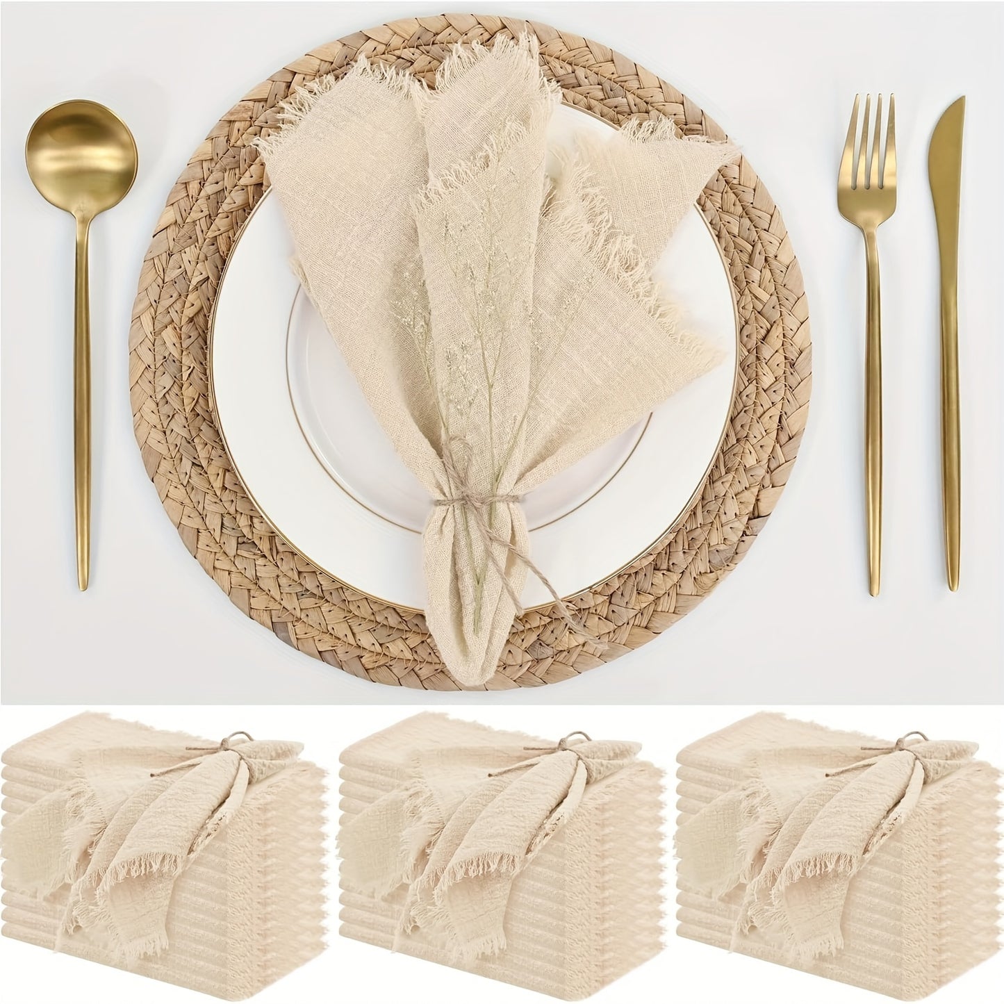 24er-Set Baumwollgaze-Servietten mit Fransen – Quadratische Stoffservietten 32×32 cm aus 100 % Baumwolle