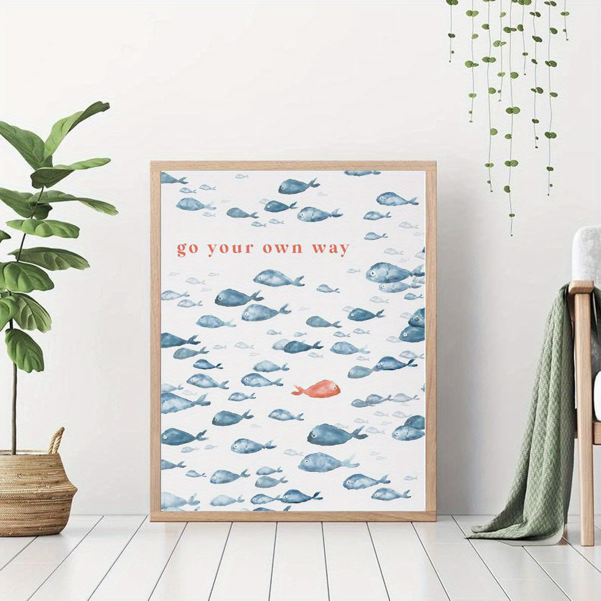 Rahmenloses maritimes Leinwand-Poster mit Fische in Blau, Rot und Weiß - „Geh Deinen eigenen Weg“ – moderner nautischer Leinwand-Posterdruck - in vier Größen