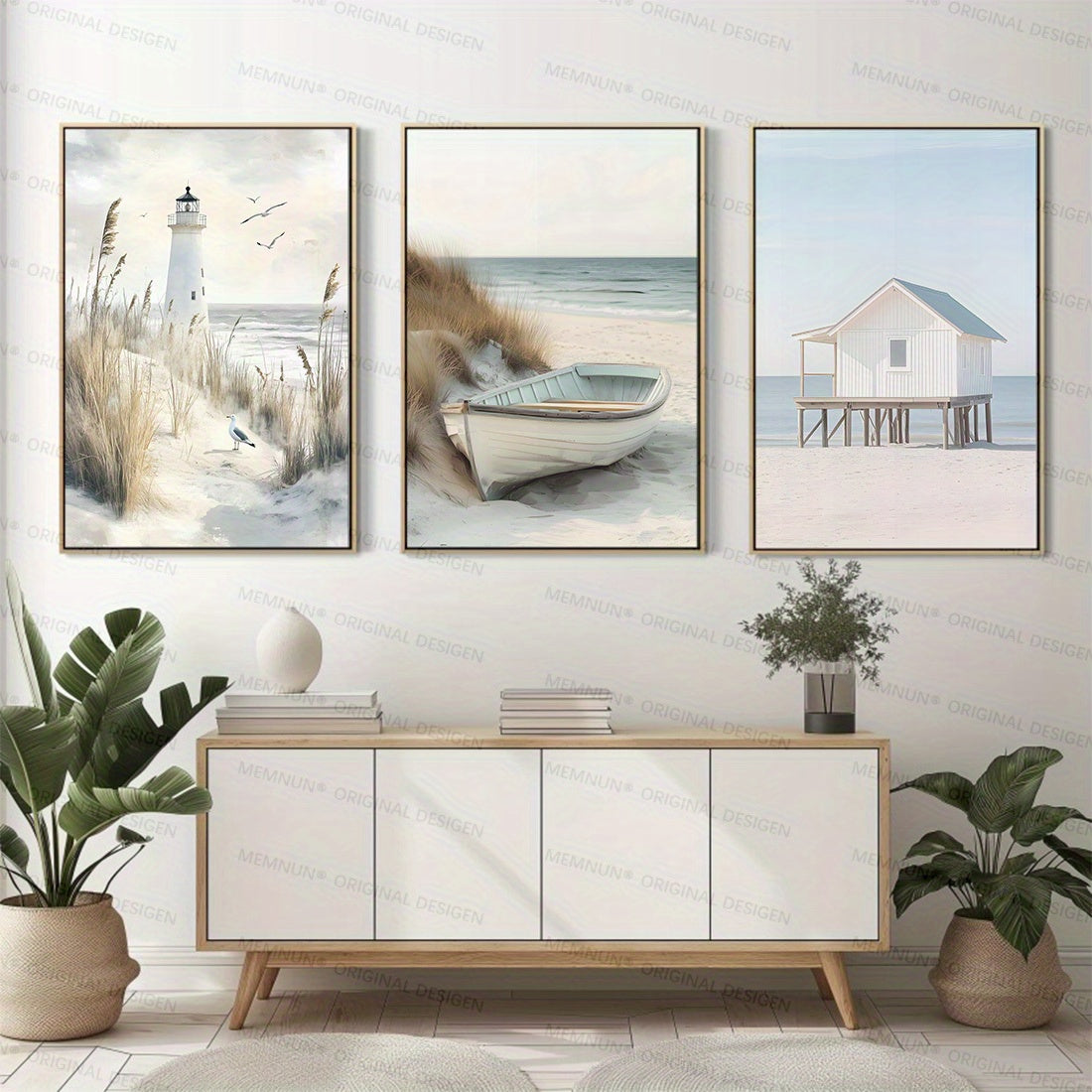 3er-Set Leinwand-Poster „Maritime Sommerträume“ – Rahmenloser Art-Deco Druck mit Leuchtturm, Strandhaus & Boot in sanften Farben