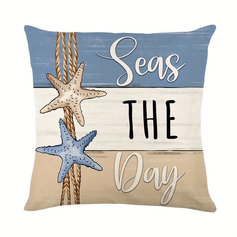 4er-Set maritime Kissenbezüge zur sommerlichen Deko mit Muscheln, Seile, Seesterne und Sprüche in tollen Farben blau, weiß, beige - 45x45cm – 100 % Polyester - ohne Füllung