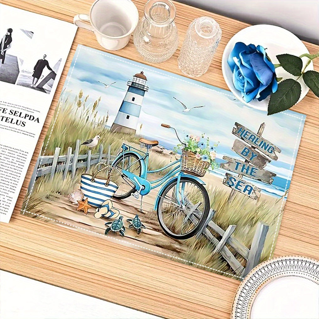 4er-Set Leinen-Tischmatten mit Strand, Leuchtturm und Vintage-Fahrrad - perfekt für den Sommer -