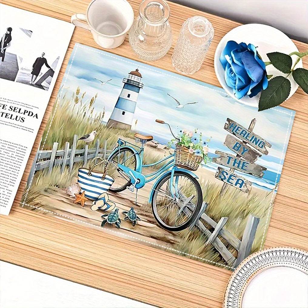 happy-prints.eu - 4er-Set Leinen-Tischmatten mit Strand, Leuchtturm und Vintage-Fahrrad - perfekt für den Sommer