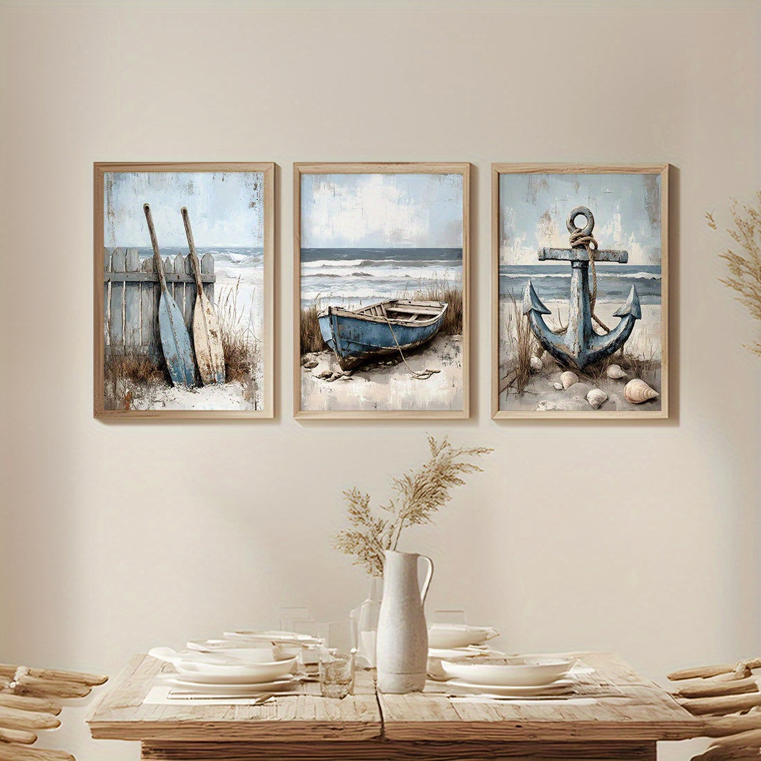 Maritimes 3er-Set mit sommerliche Leinwanddrucke – stilvolle Poster mit Boot, Ruder und Anker vor dem Meer - ohne Rahmen in vier Größen