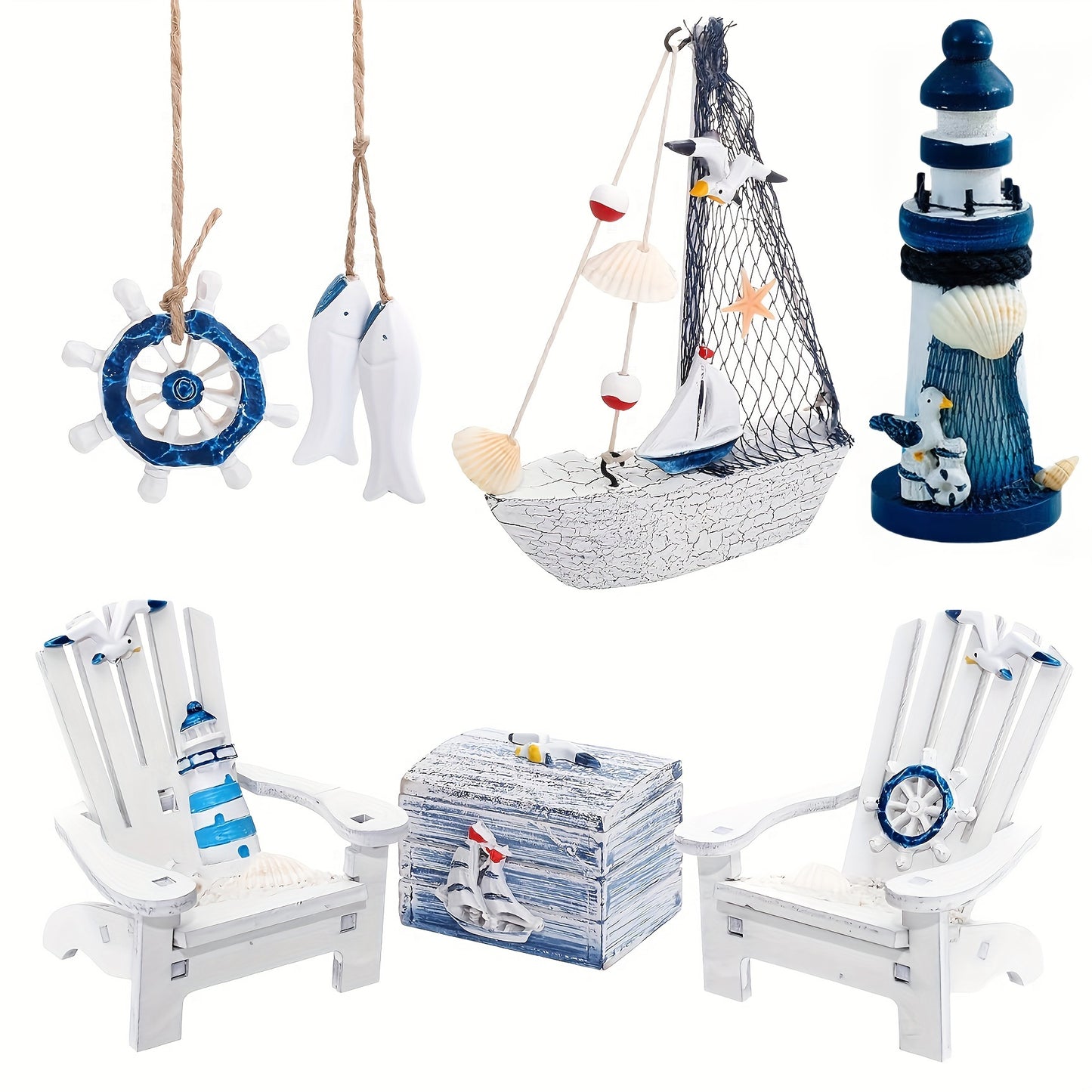 7-er Set mit süße maritime Holzfiguren wie Schiff, Leuchtturm, Rettungsring, Holzstuhl, Kiste und Fische in Blau & Weiß - bis 14,5cm Höhe