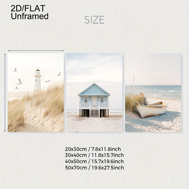 3er-Set Leinwand-Posterdruck für maritime Sommerträume – Rahmenloser Posterdruck mit Leuchtturm, Strandhaus & Boot in sanften Farben