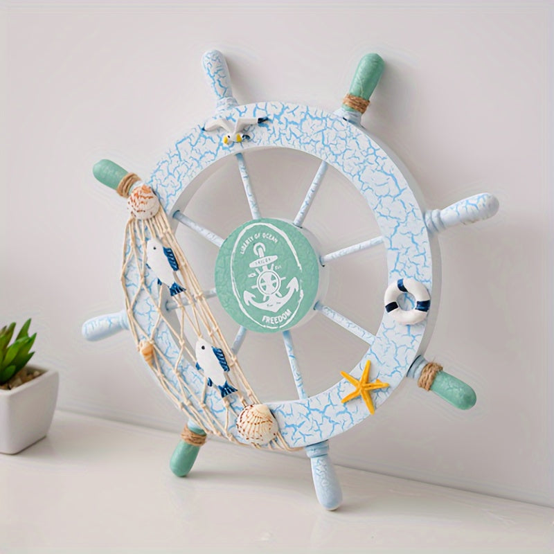 Maritimes Holzdesign Deko Steuerrad mit Fische, Fischernetz, Seesterne & Muscheln - Sommerliche, nautische Deko mit 28cm Durchmesser