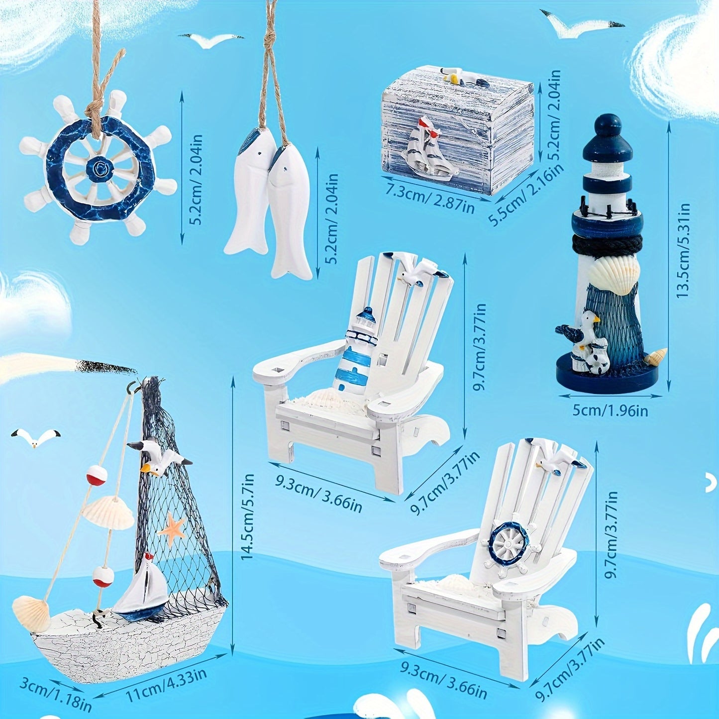 7-er Set mit süße maritime Holzfiguren wie Schiff, Leuchtturm, Rettungsring, Holzstuhl, Kiste und Fische in Blau & Weiß - bis 14,5cm Höhe