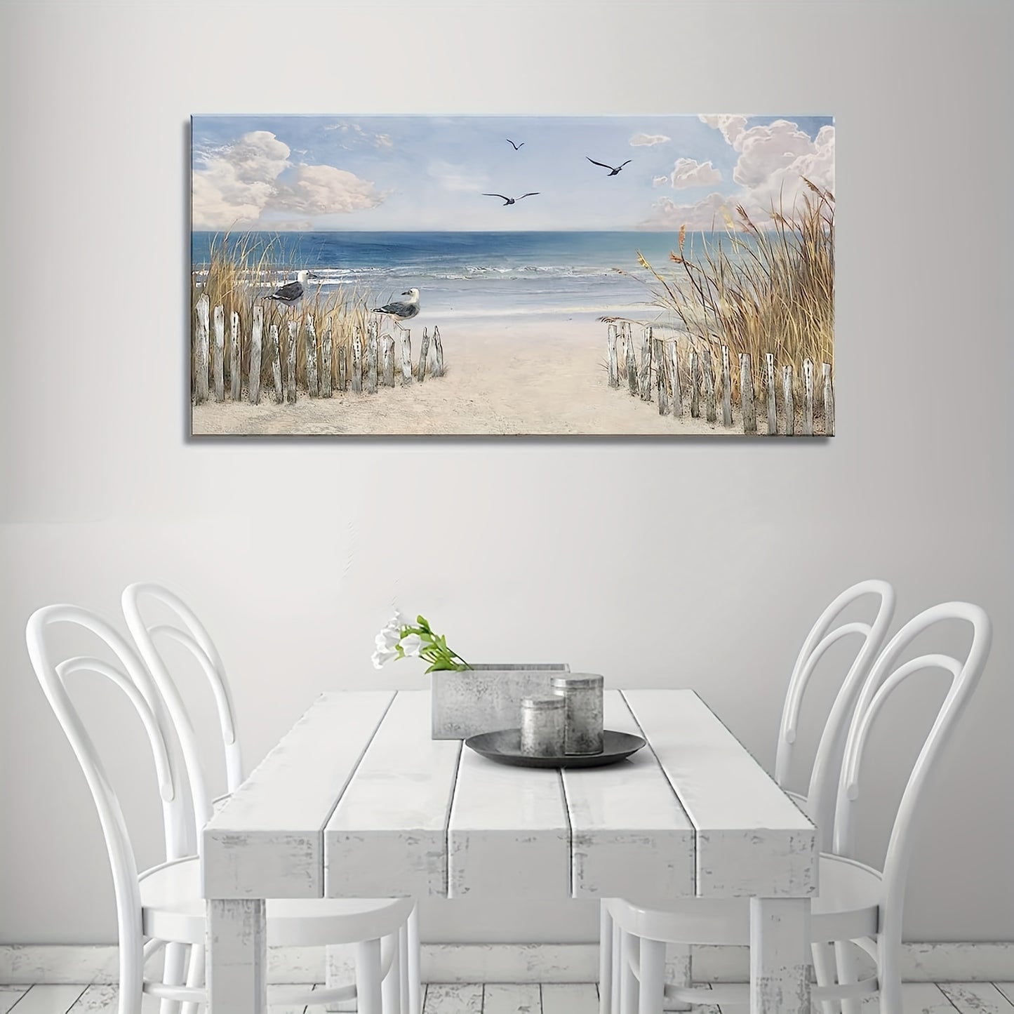 Maritimes, rahmenloses Sandstrand Leinwandposter mit ruhiger Meereslandschaft mit Dünen, Möwen & Himmel in Blau, Weiß und Beige - ohne Rahmen