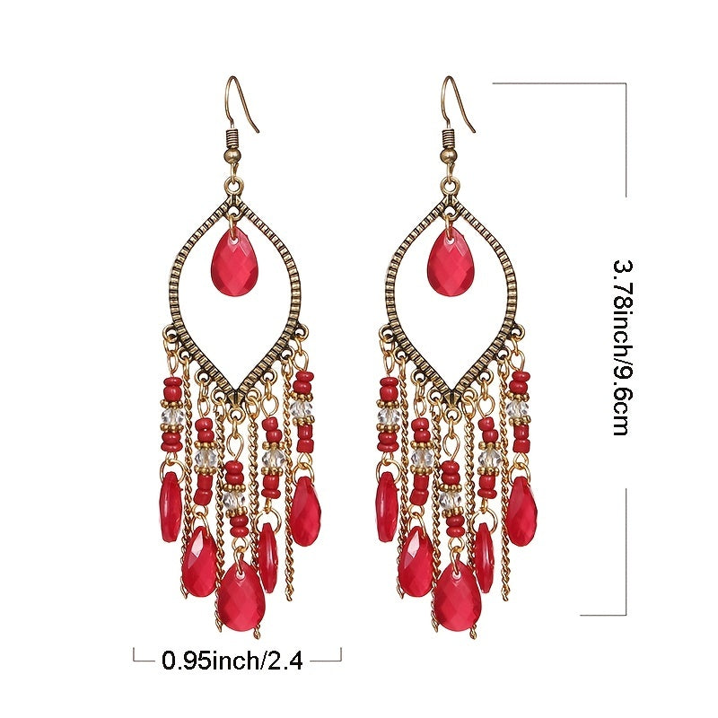 Tropfenförmige Damen Boho Vintage Ohrringe mit Kristallperlen – 9,6cm lang - Eleganz für Alltag & Urlaub