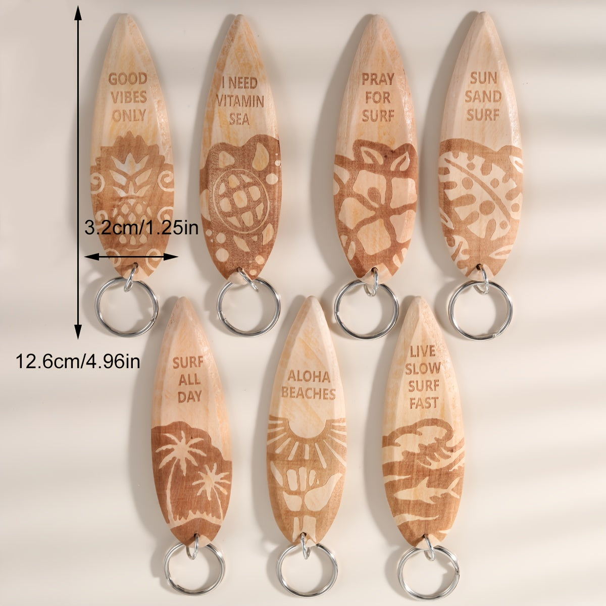 7-teiliges Damen Surfboard Schlüsselanhänger-Set aus Holz – Sommerliche Motive & liebevolle Sprüche für Damen-Rucksack, Schlüsselbund & Strandparty