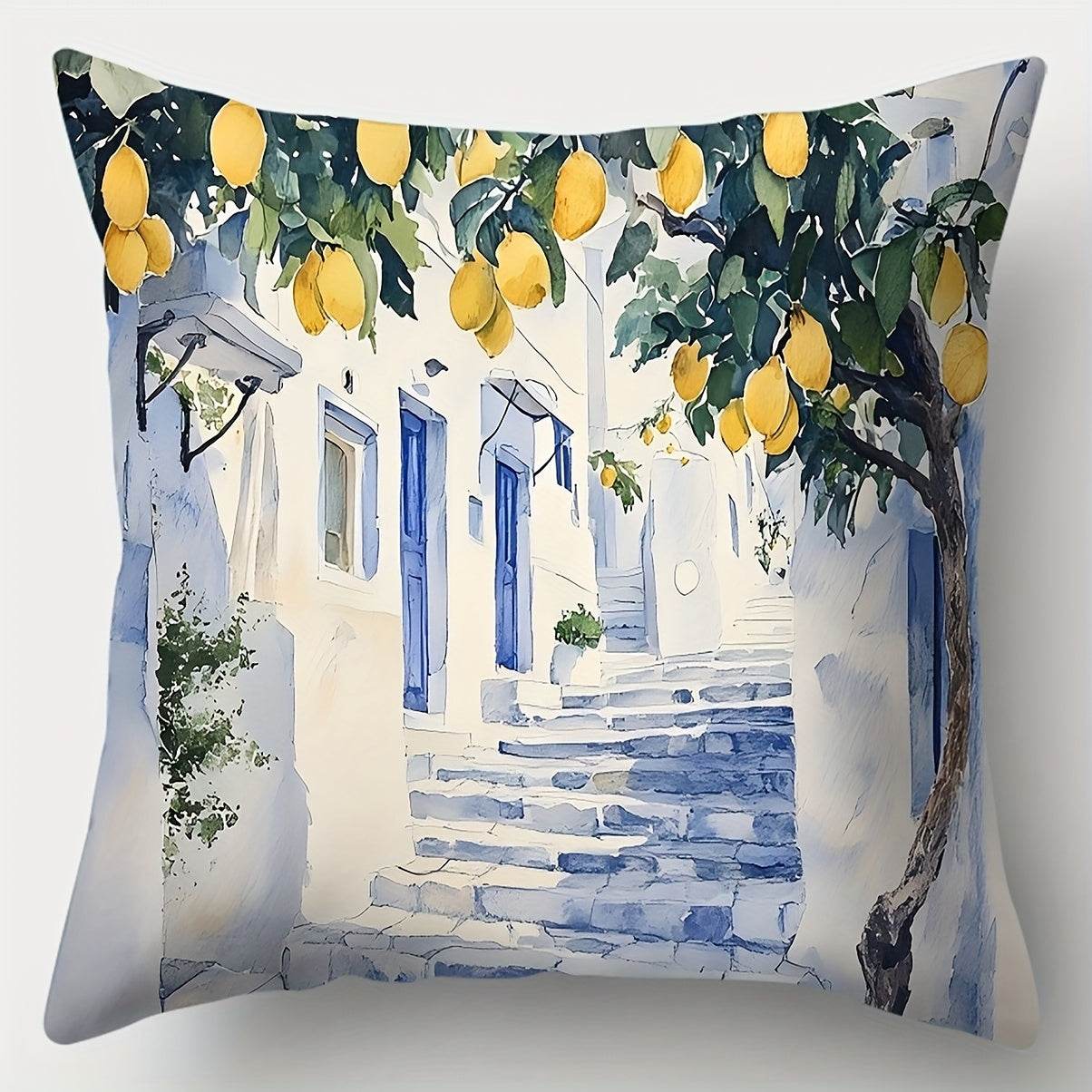happy-prints.eu - 4er-Set Sofakissenbezug mit Zitronen, italienischem Flair und Meer - aus Polyester und mit Reißverschluss - perfekt für den Sommer - tolles blau und gelb