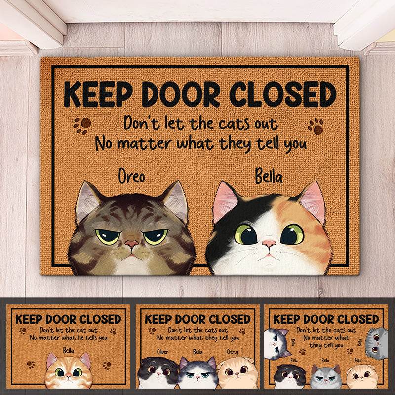 happy-prints.eu - Personalisierte Fußmatte mit Katzen und lustigem Spruch „Keep door closed. Don't let the cats out, no matter what they tell you“